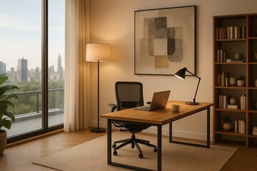 Modern Home Office with Wooden Desk and City Skyline View &ndash; Minimalist Decor