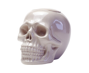 Obraz premium A close-up of a shiny, ceramic skull isolated on a dark background.