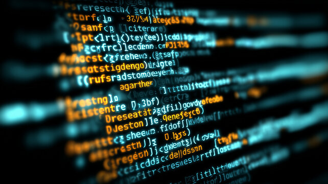 Colorful source code glows on a dark developer screen with highlighted syntax.  - Powered by Adobe