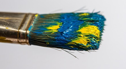 Obraz premium Close-up Macro Shot of a Paintbrush Bristles Covered in Vibrant Yellow and Blue Paint