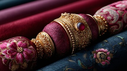 Luxurious textile compilation featuring rich, ornate designs with gold accents. This premium fabric collection highlights intricate embroidery and vibrant colors.