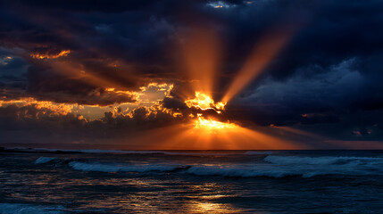 Fiery sunbeams pierce stormy clouds over ocean waves sunset