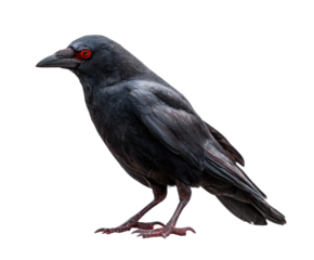 A captivating portrait of a crow with glowing red eyes against a dark backdrop.