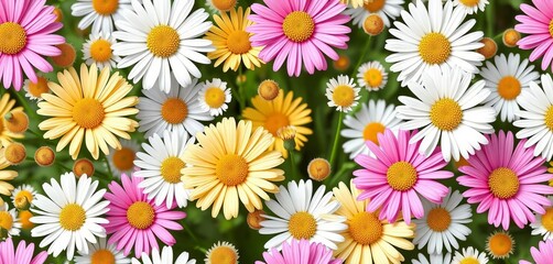 Seamless spring vector pattern of delicate daisy flowers in vibrant colors, ideal for textile and web design,  textile,  colorful