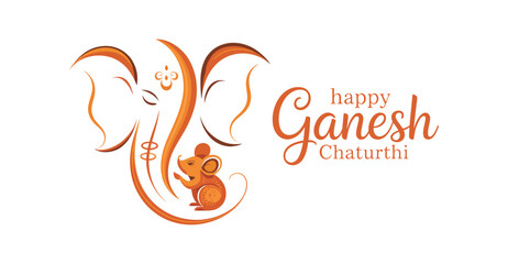 Happy Ganesh Chaturthi greeting card featuring stylized orange-brown illustration of Lord Ganesha with mouse and festive decorative typography