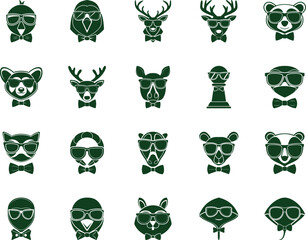 Several green animal heads wearing sunglasses and bow ties are displayed on a white background
