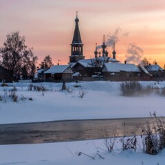 Winter village at dawn