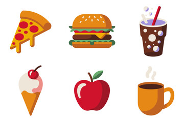 Fast food icons, pizza slice burger drink, ice cream cone apple coffee, cafe menu vector, food symbol set