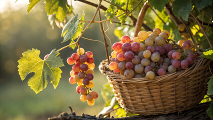 shows a cluster of red grapes hanging from a vine and another cluster of mixed red and white grapes in a wicker basket, set against a blurred background of a vineyard at sunset.