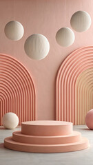 Obraz premium A soft pastel display stage featuring a peach circular pedestal, geometric arches, and hanging spheres, perfect for showcasing beauty and fashion products
