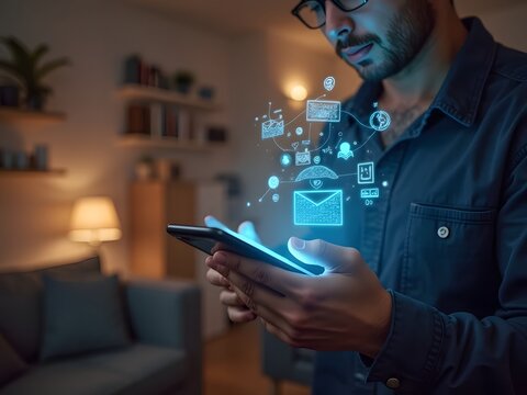 Man using smartphone with glowing social media icons in cozy home interior - Powered by Adobe