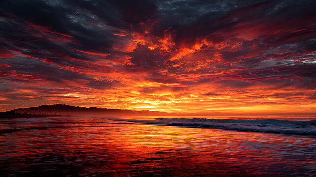 Fiery sunset over ocean waves and distant mountains clouds