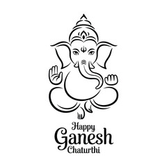 Happy Ganesh Chaturthi greeting card featuring elegant black and white line art of Lord Ganesha with modak and blessing gesture in seated pose