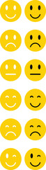 Set of smileys.Emotional rating faces from sad to happy. Feedback emoji vector set. Face smile icon positive negative neutral opinion vector signs symbol. Colorful smileys user experience survey icons