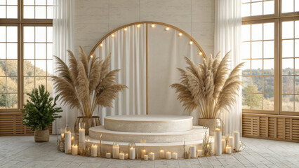 A romantic stage setup with a circular pedestal, adorned with pampas grass and candles, framed by an arch and soft curtains, creating a warm ambiance
