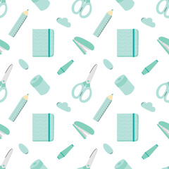 Turquoise stationery seamless pattern. Vector flat office supplies pattern on white background