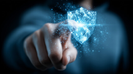 Human finger activating a luminous protective shield formed from glittering network links and particles. Illustrates personal security, privacy empowerment
