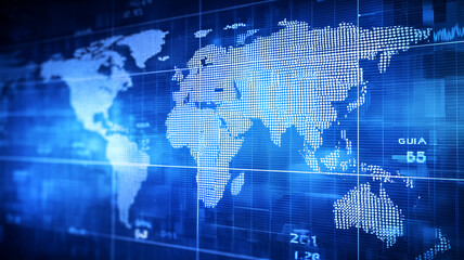 Digital dotted world map on a luminous financial board with data lines and signals.   Expresses global analytics, cross border markets, and technology connecting economies in real time.
