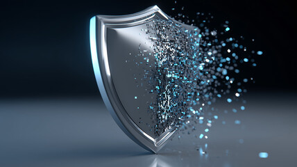 Metallic security shield dissolves into scattering data fragments.
    A metaphor for cyber breach impact revealing vulnerabilities and the urgent need for resilient protection.