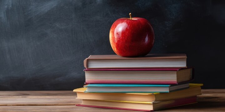 The apple resting on a stack of colorful books in a study environment. - Powered by Adobe
