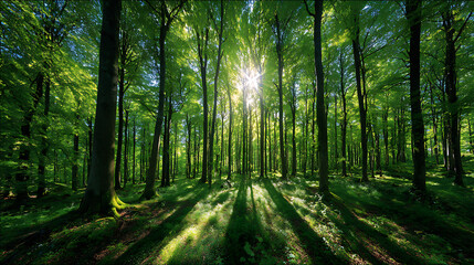 Obraz premium Sunlit green forest with tall trees and dappled shadows sunlight