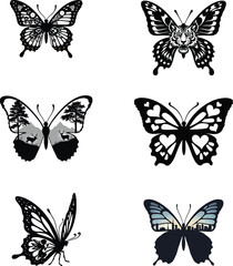Butterfly silhouette collection with hearts forest deer city skyline and tiger face
