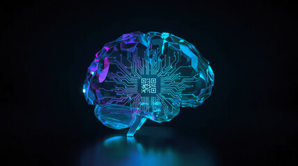 Digital brain featuring vibrant circuits and a QR code, symbolizing the intersection of technology and intelligence in a modern context.