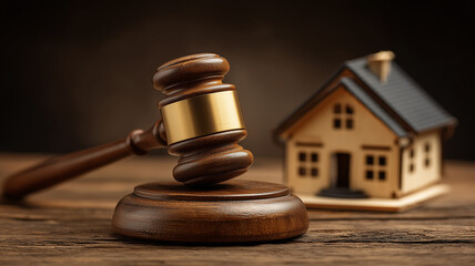 Judge gavel beside a miniature house on a wooden table.
Illustrates real estate law property rights mortgages and judicial outcomes.