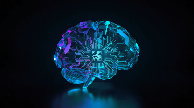 Digital brain featuring vibrant circuits and a QR code, symbolizing the intersection of technology and intelligence in a modern context. - Powered by Adobe