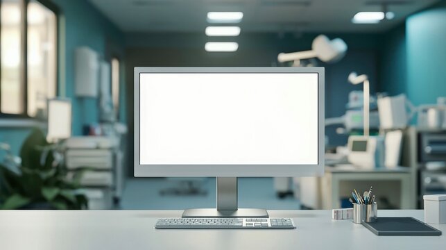 Blank computer monitor on a desk in a modern medical office, mockup screen for healthcare software and records, clinical workspace background with copy space.