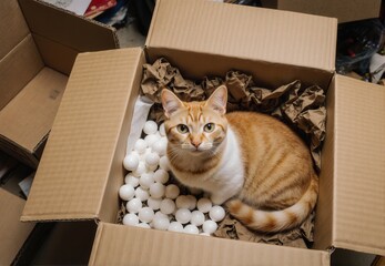 Ginger and White Cat Nestled in a Box with Packing Peanuts and Crumpled Paper