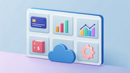 3d illustration of a digital dashboard displaying financial charts, credit card, cloud storage, and gear icons, representing business analytics and technology solutions