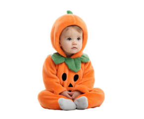 An adorable baby in a pumpkin costume celebrates Halloween in a studio