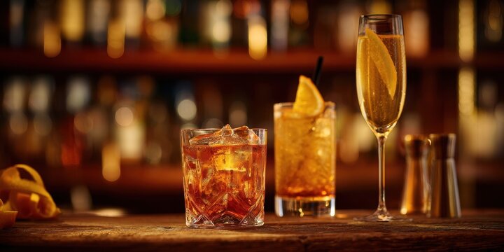 The Elegant Array of Cocktails Displayed on a Wooden Bar Counter