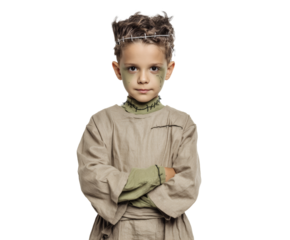 Young boy in a Frankenstein costume looking directly at the camera.