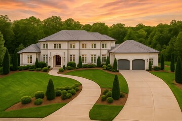 Luxury Estate with Grand Driveway and Manicured Landscaping. Mansion Surrounded by Greenery