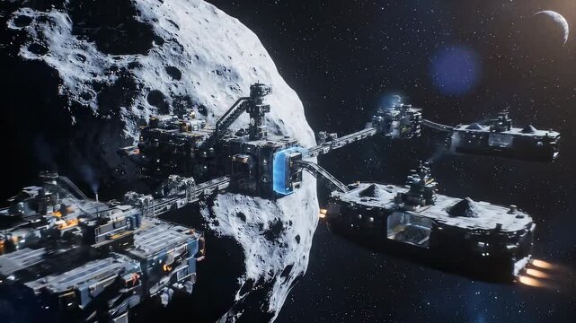 Futuristic asteroid mining operation with complex machinery and conveyor belts moving resources across the vastness of space, showcasing advanced technology and industry.