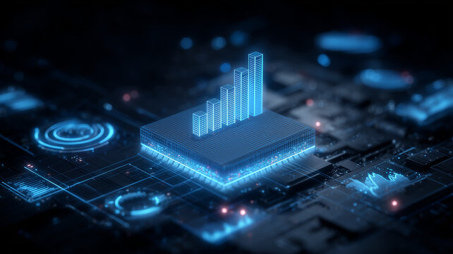 Holographic bar chart rising from a microchip, symbolizing scalable data growth and high performance analytics.
