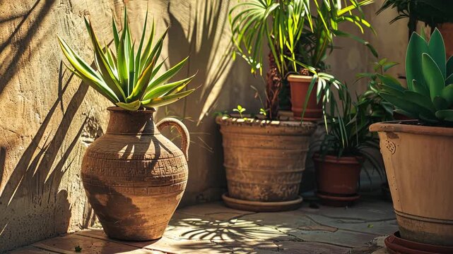 Sunlight spills over a serene corner of a garden showcasing terracotta pots filled with lush plants and intricate shadows on the ground