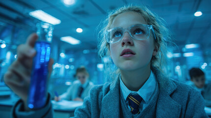 Fototapeta premium A girl in a science lab looks up in curiosity, examining a test tube filled with a blue liquid.