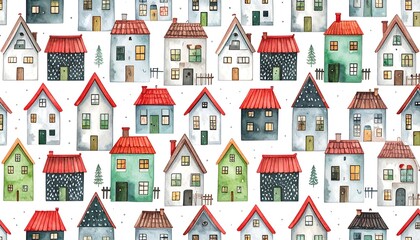 Watercolor winter village houses repeating pattern
