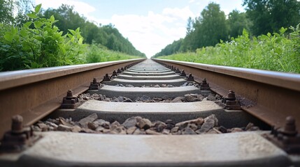 A long, abandoned railway track stretches into the distance, flanked by green foliage under a clear sky, isolated and serene.