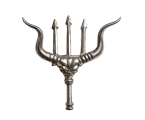 A beautifully crafted silver trident with a bull's head design is prominently displayed.