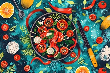 Vibrant Flatlay: Mediterranean-Style Vegetable Skewers, Artistic Food Illustration.