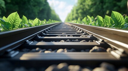 An abandoned railway track surrounded by lush greenery stretches into the distance, symbolizing a journey through nature's beauty and tranquility.