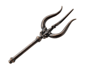 An antique bronze trident, isolated against a stark black backdrop in a studio.