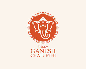 Happy Ganesh Chaturthi greeting card featuring elegant circular line art of Lord Ganesha in reddish-orange tones with festive wishes