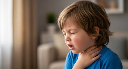A child clutches his throat, showing signs of sore throat or illness. Pediatric health concern for medical advertisement.