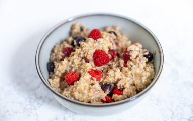 Steel Cut Oats Served with Fresh Raspberries and Blueberries