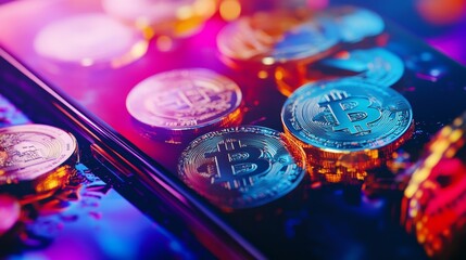 Explore the vibrant world of cryptocurrency. This image showcases a phone with Bitcoin coins highlighting digital finance. Colorful graphics draw attention. Generative AI